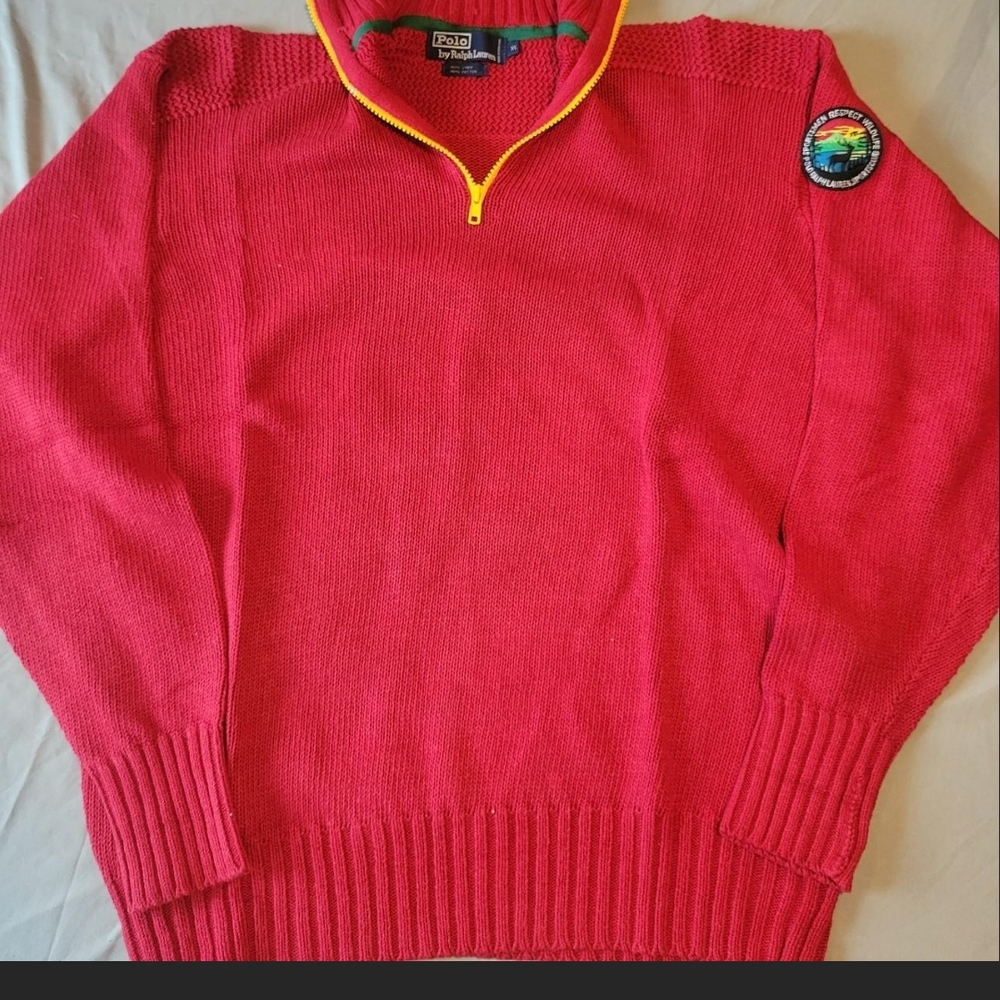 Rare Ralph Lauren Vibrant Red Zip-Up Sweater with Yellow Accent